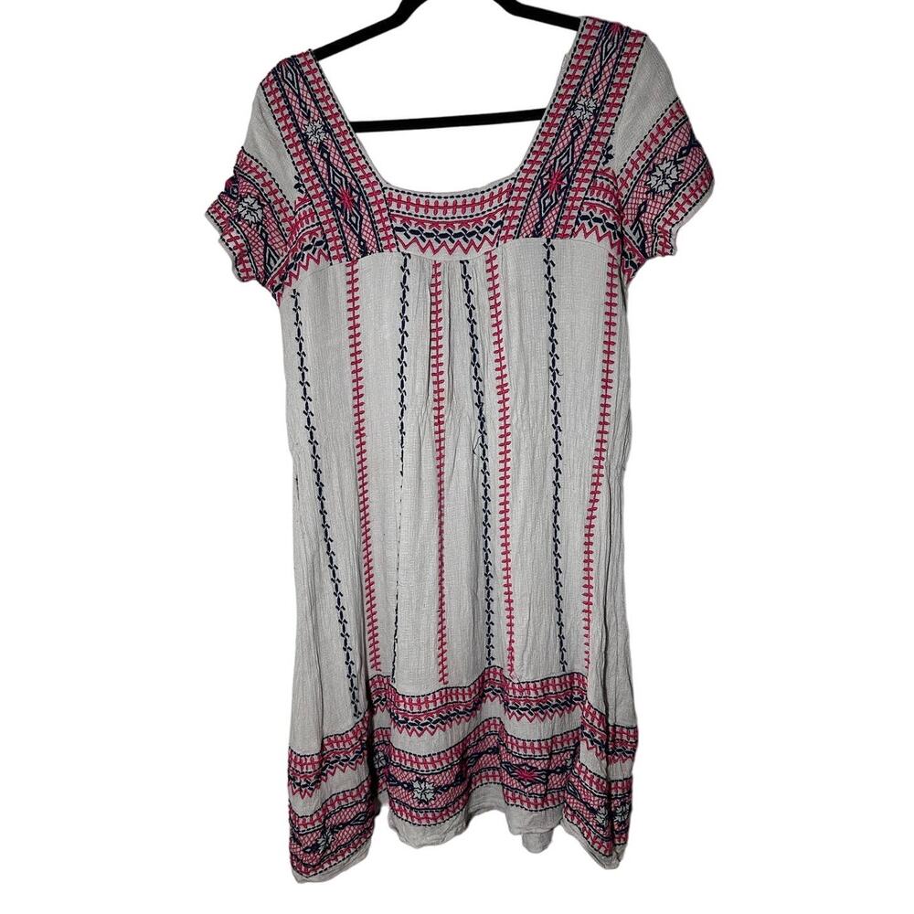 Maeve Anthropologie Gray Pink Woman's Short Sleeve Dress Embroidered BoHo Small